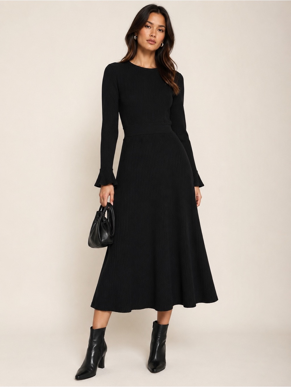Fraiche by J Black Ribbed Knit Midi Dress Long Sleeve Size Small